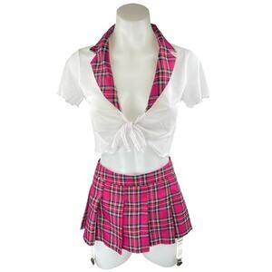 Trickz N' Treatz White Pink Plaid Sexy Schoolgirl Uniform Costume Costplay Set M
